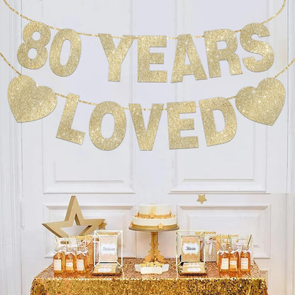 80 Years Loved Banner for 80th Birthday Decorations for Men Women Pre-Strung Birthday Banner Party Decorations Gold Glitter