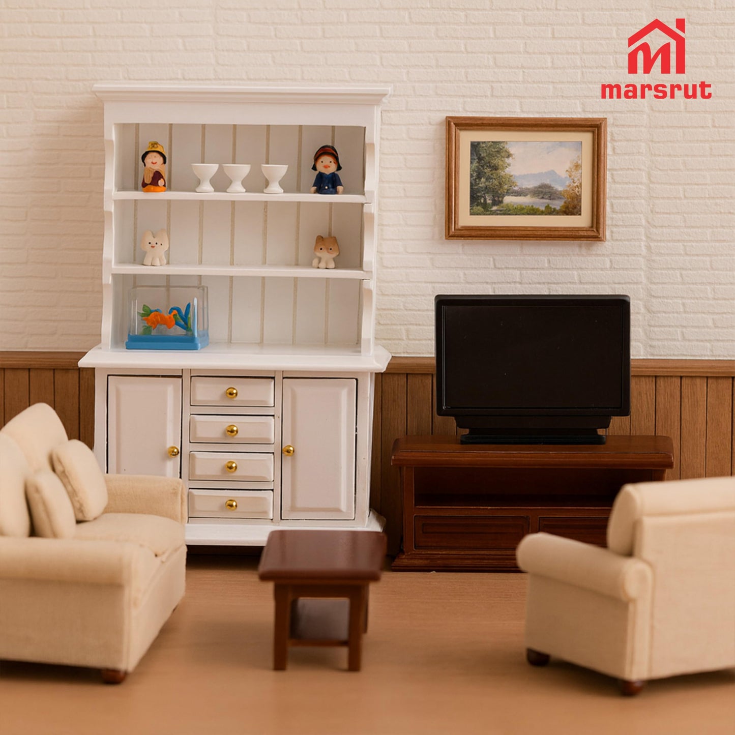 Dollhouse Miniature Cabinet 1/12 Scale Bookshelf Bookcase Cupboard Hutch, Mini Furniture Kitchen Accessories, European Items Living Room Wooden Storage Sideboard Display Showcase Shelves, White
