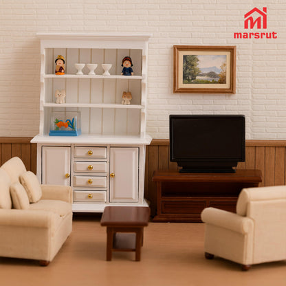 Dollhouse Miniature Cabinet 1/12 Scale Bookshelf Bookcase Cupboard Hutch, Mini Furniture Kitchen Accessories, European Items Living Room Wooden Storage Sideboard Display Showcase Shelves, White