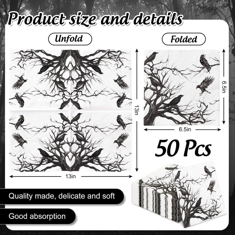 Generic 50Pcs Halloween Paper Napkins Disposable Silhouette Tree Crows Luncheon Napkins Black Dinner Hand Napkins for Party Supplies Table Decor, 6.5 x 6.5 inch