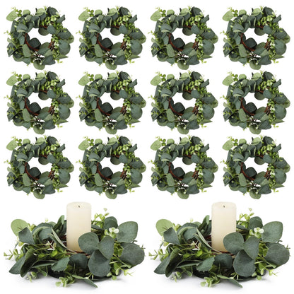 Wedding Candle Rings Wreaths, 20 Pcs Artificial Eucalyptus Leaves Wreaths for Summer, Spring and All Seasons, Green Eucalyptus Leaves for Home Decoration Rustic Farmhouse Decor Party Home Table Decor