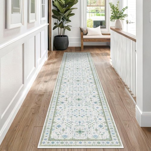Hazo Haus Washable Oushak Bathroom Runner Rug - Vintage Turkish Floral Design | 2x8 ft Low Pile, Non-Slip, Cream Blue Green