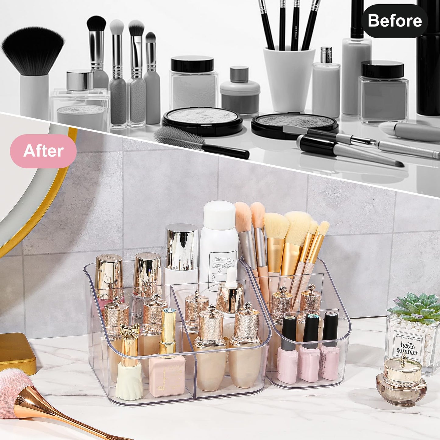 DASITON 3 Slots Makeup Brush Holder, Acrylic Make Up Brush Holder Organizer for Vanity, Bathroom Countertop, Small Makeup Organizer Brush Cup Cosmetic Brushes Storage, Pen Holder for Desk (Clear S)