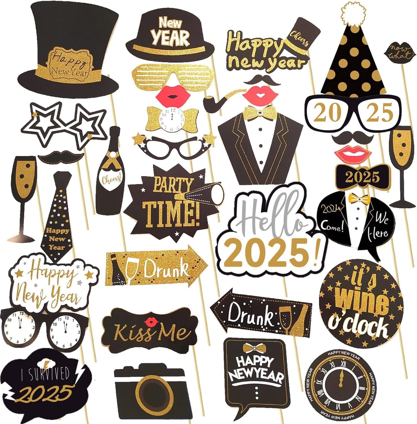 New Years Photo Booth Props - Champagne Bottle, Clock, Wine Glasses Cutouts for 2025 NYE Party Decorations