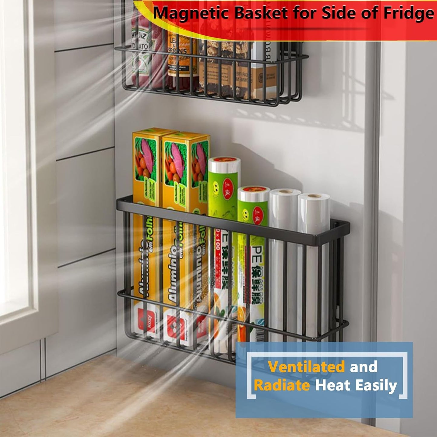 Heavy Duty Metal Magnetic Basket Organizer for Kitchen Refrigerator, Foil and Plastic Wrap Storage (10.25" L x 3.2" W x