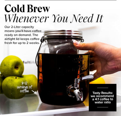 Willow & Everett Cold Brew Coffee Maker - 2 L Iced Tea & Coffee Maker with Glass Pitcher, Stainless Steel Spout,