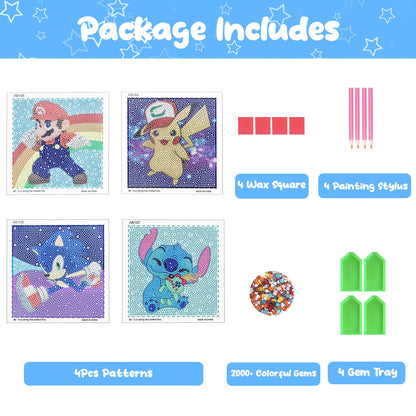 Diamond Art Kits for Kids - 4 Pack Diamond Art Painting Kits - Arts and Crafts for Kids Ages 8-12 - Dimond Art Mosaic - Craft Kits for Girls - GEM Art for Year Old Girl Boys Gifts Adults Art Supplies