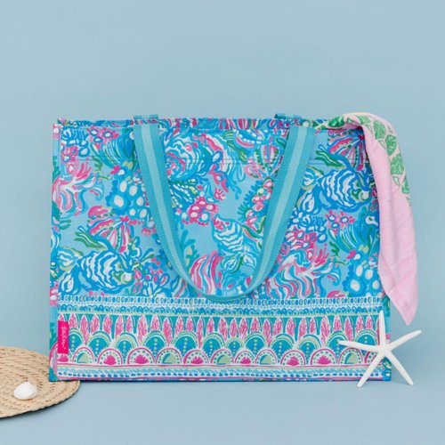 Lilly Pulitzer Blue/Green XL Market Shopper Bag, Oversize Reusable Grocery Tote with Comfortable Shoulder Straps, Aqua La Vista