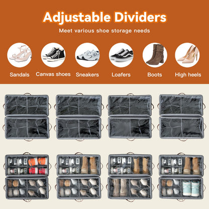 ISusaid 4 Pack Shoe Organizer for Closet, Foldable Shoe Storage Organizer with Adjustable Dividers and Clear Cover, Stackable Fabric Closet Shoe Organizer Storage Box Fits 32 Pairs, Gray