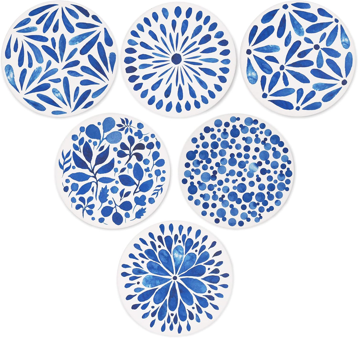 AD Set of 6 Absorbing Round Ceramic Coasters with Cork Base, Tabletop Protection Mat for Mugs & Cups (Indigo Blue)