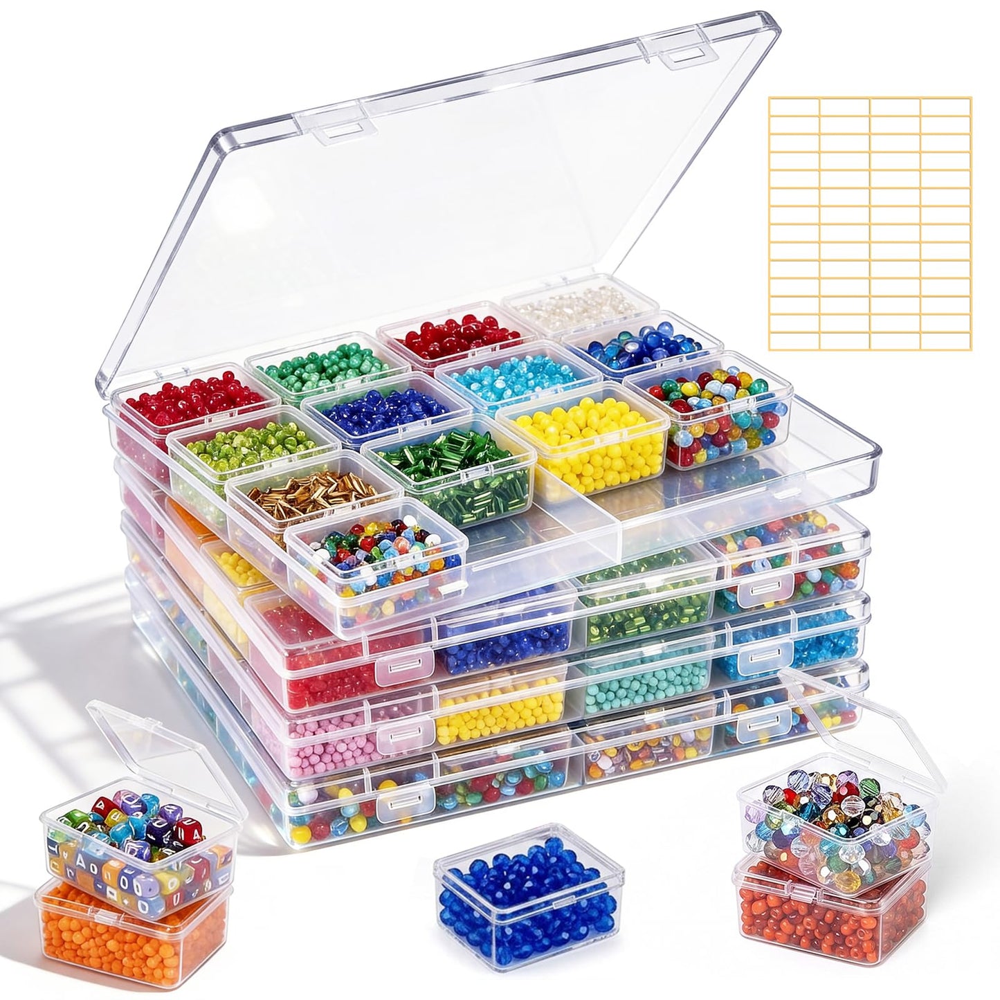 Supkiir Bead Organizer Box, 64 Pcs Small Plastic Bead Storage Containers, Clear Craft Organizers and Storage with Hinged Lid and Labels for Diamond Painting Art, Seeds, Nail Art and Small Parts
