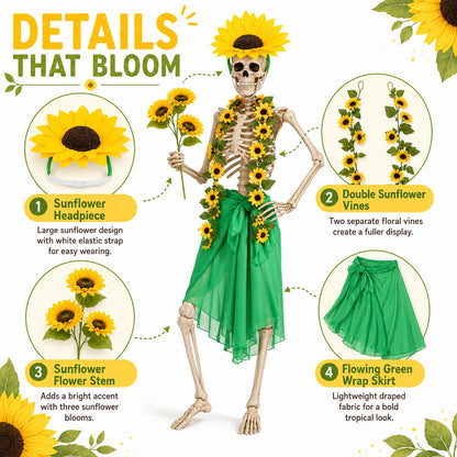 Yi-gog 5Pcs 12 Ft Skeleton Costume Set Halloween Skeletons Outfit Sunflower Headband Sunflower Vine Garlands Green Wrap Skirt Halloween Accessories