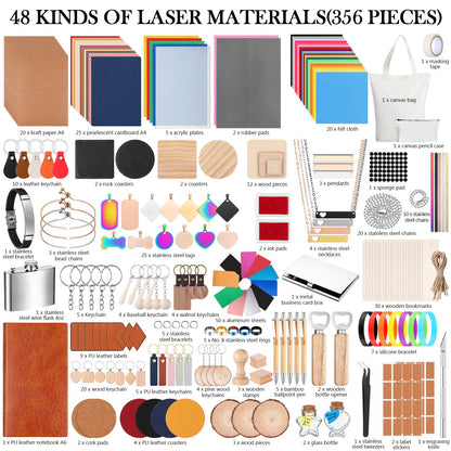 Tondiamo 356 Pcs Bulk Laser Engraving Supplies Blank Material Kit DIY Engraver Accessories Including Acrylic Glass Stainless Steel Wood Fabric PU Leather Rock Rubber Materials for Laser Cutters