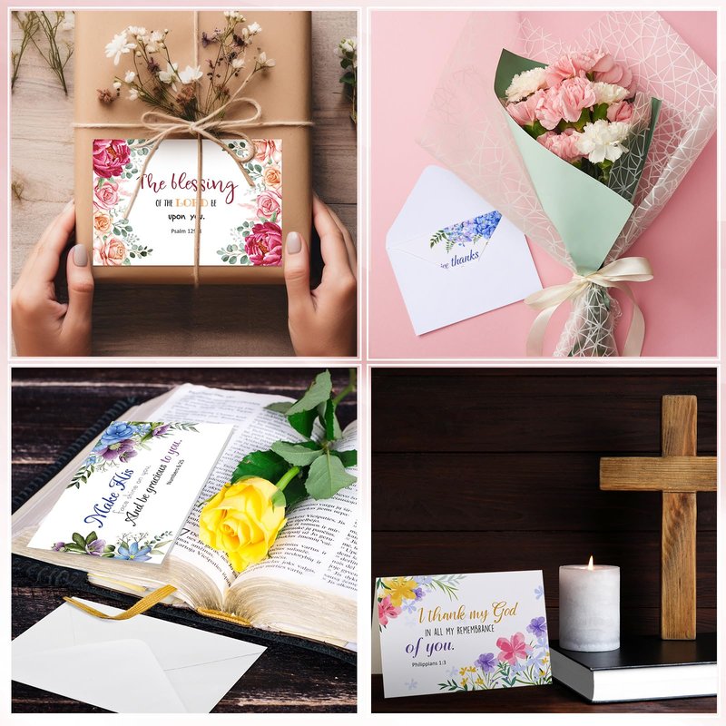 Affrolling 50 Pack Spring Religious Christian Thank You Cards Bulk with Scripture Envelopes Stickers Bible Verse Greeting Cards Encouragement Inspirational Baptism Notes 4x6 Inch, Watercolor Flower