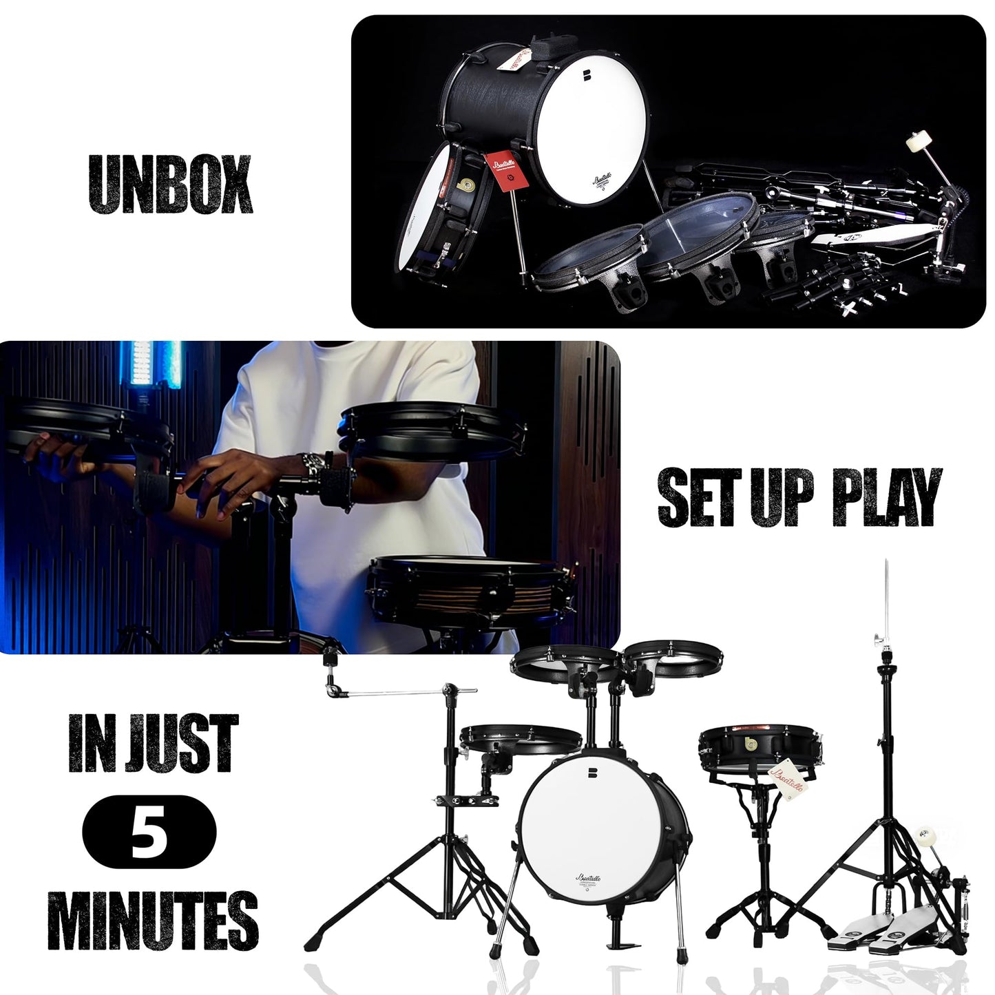 Beatello Jungle Pad Compact Portable Adult 5pc Drum Set, 1.5 inches ultra-thin steel drum Cavity,14 Inches Complete Full Size Kit with Bass Drum, Designed for the mobile musician