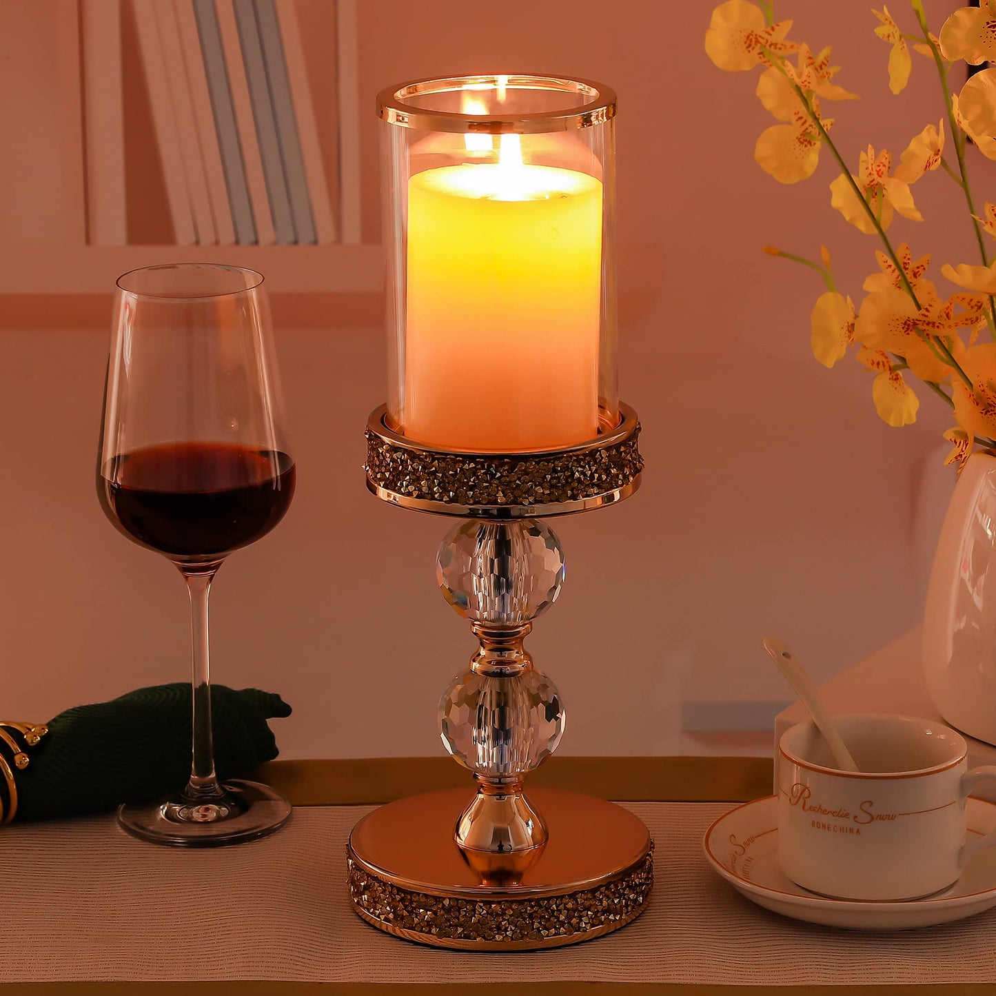 Pillar Candle Holder, 13 Inch Crystal Candlesticks for 3''X5'' Candles, Dining Coffee Table Decor, Wedding, Events, Parties - Glass and Gold Finish