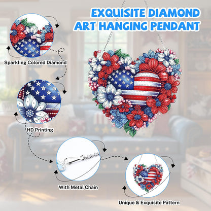 Bowetile 5D Patriotic Diamond Art Hanging Kits for Adults, Diamond Painting Heart Shape Flowers Pendant Kits, Special Shape USA Flag Gem Art Suncatcher Ornament for Home Window Wall Decor