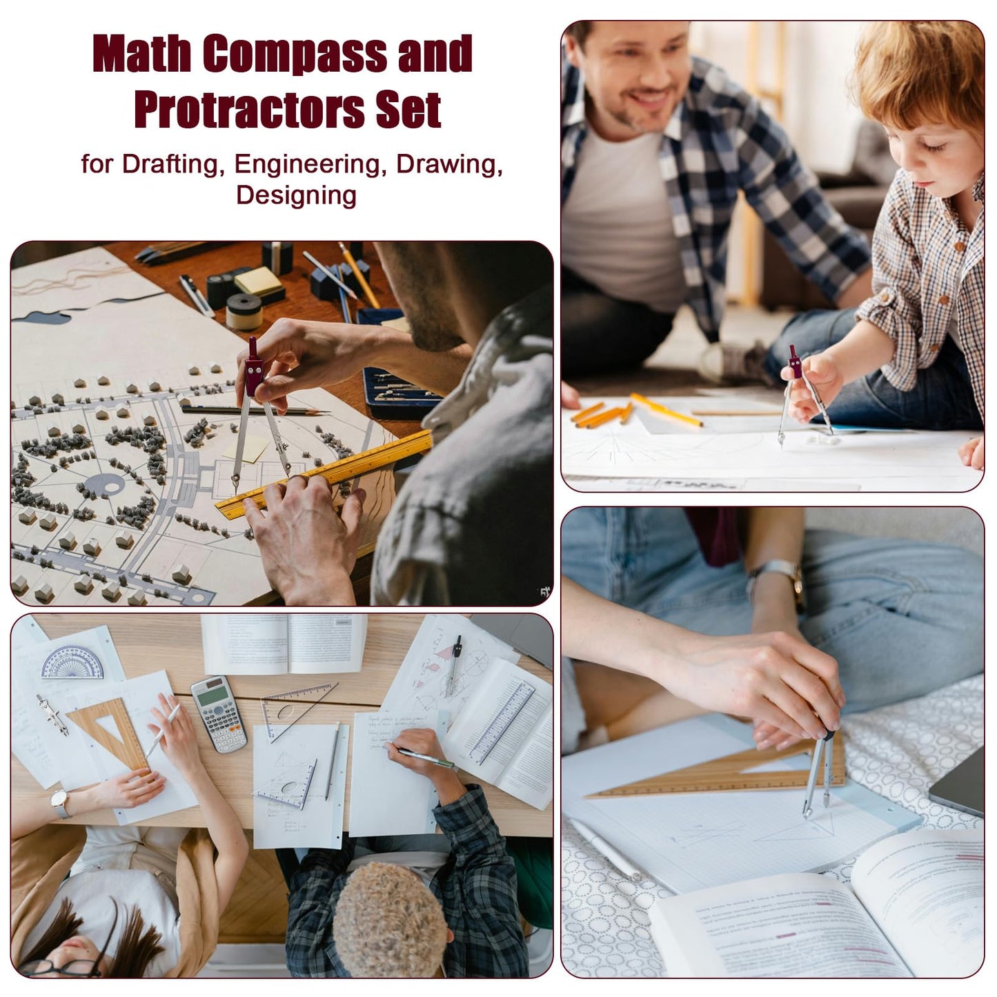 Compass Geometry Tool, 13PCS Compass and Protractors Set Math Geometry Drawing Tool Precision Set Graphic Compasses Triangle Rulers Pencils Protractor with Storage Case (Brown)