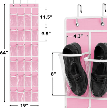 24 (64'' 19'') Simple Houseware Pockets - Crystal Clear Over The Door Hanging Shoe Organizer, Pink x