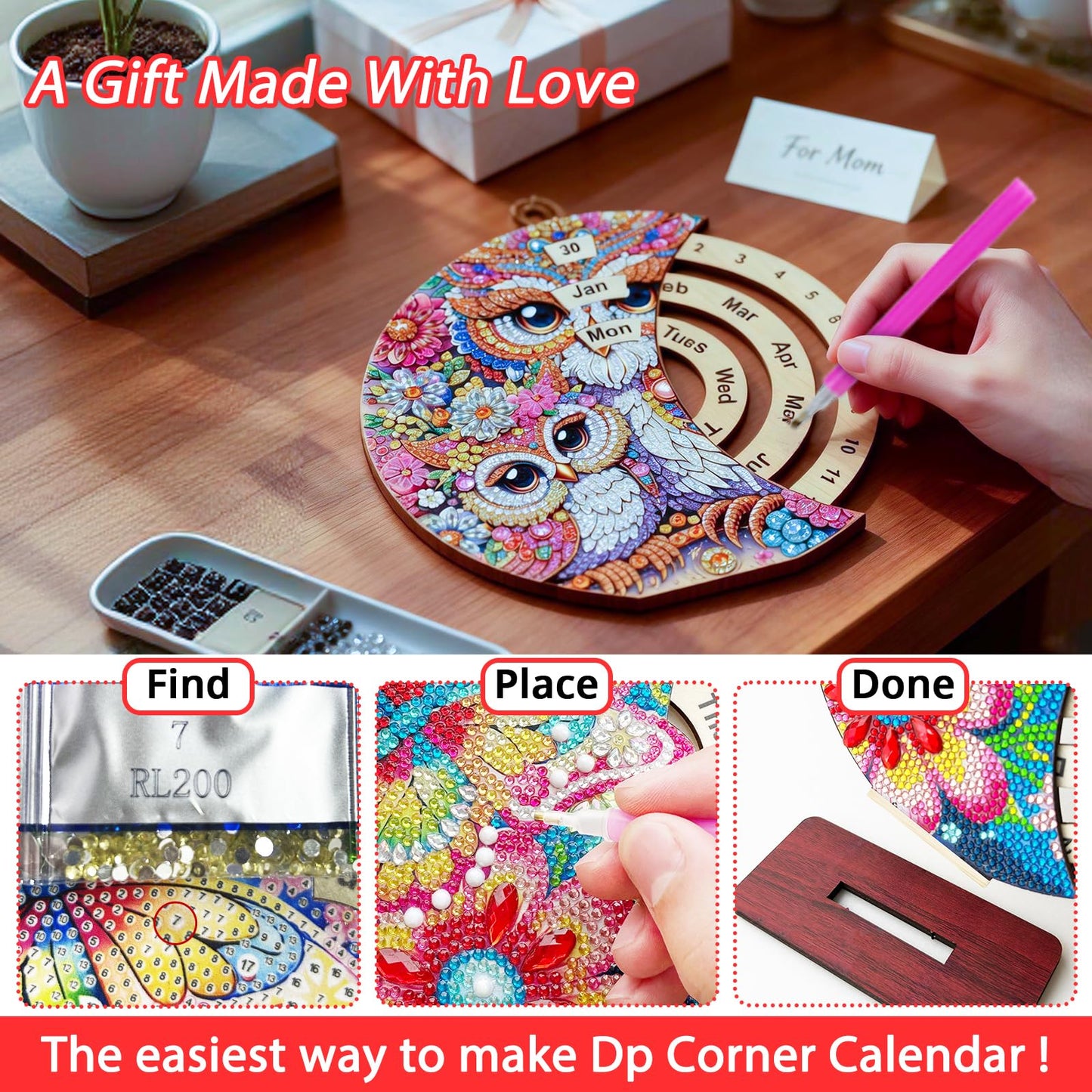 CharySim 3D Diamond Art Calendar Kits for Adults Diamond Gem Art Kit Rhinestone Craft Kit Paint By Dots Kit for Women Birthday Gift DIY Bedazzling Art Craft Home Decor Desktop Stand