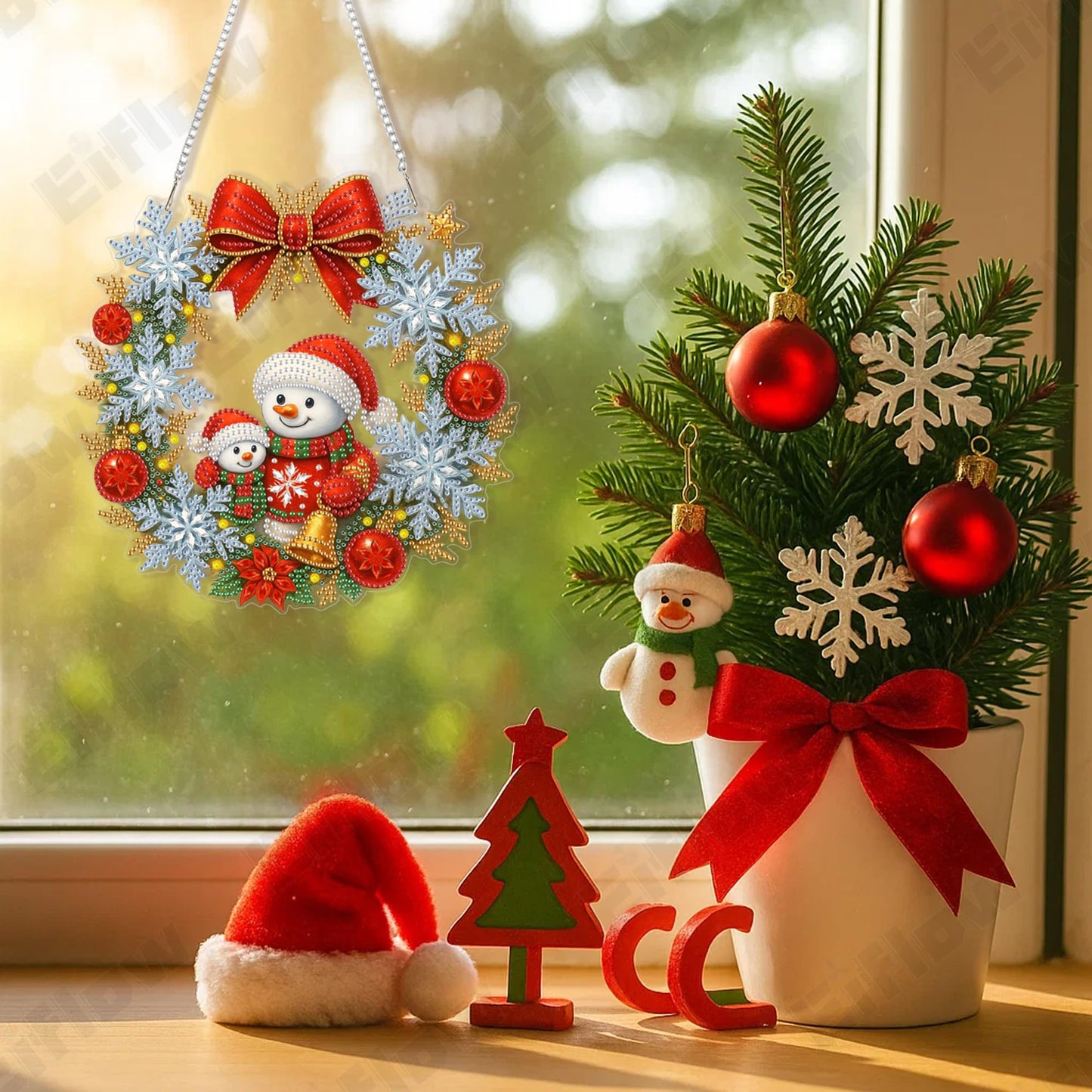 Eiflow Christmas Diamond Art Hanging Kit for Adults, DIY Diamonds Painting Door Hanger Board Kit, Special Crystal Diamond Art Painting Pendant Ornament (Wreath Snowman)