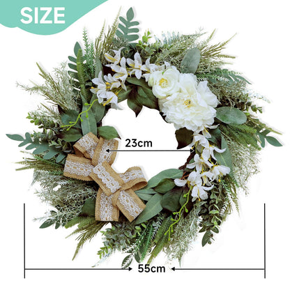 Petalivebioom 22 Inch Lace Bow Eucalyptus Front Door Wreath, Artificial Elegant Greenery Wreath, Weather Resistant Farmhouse Outdoor Indoor Porch Wall Wedding Home Decor