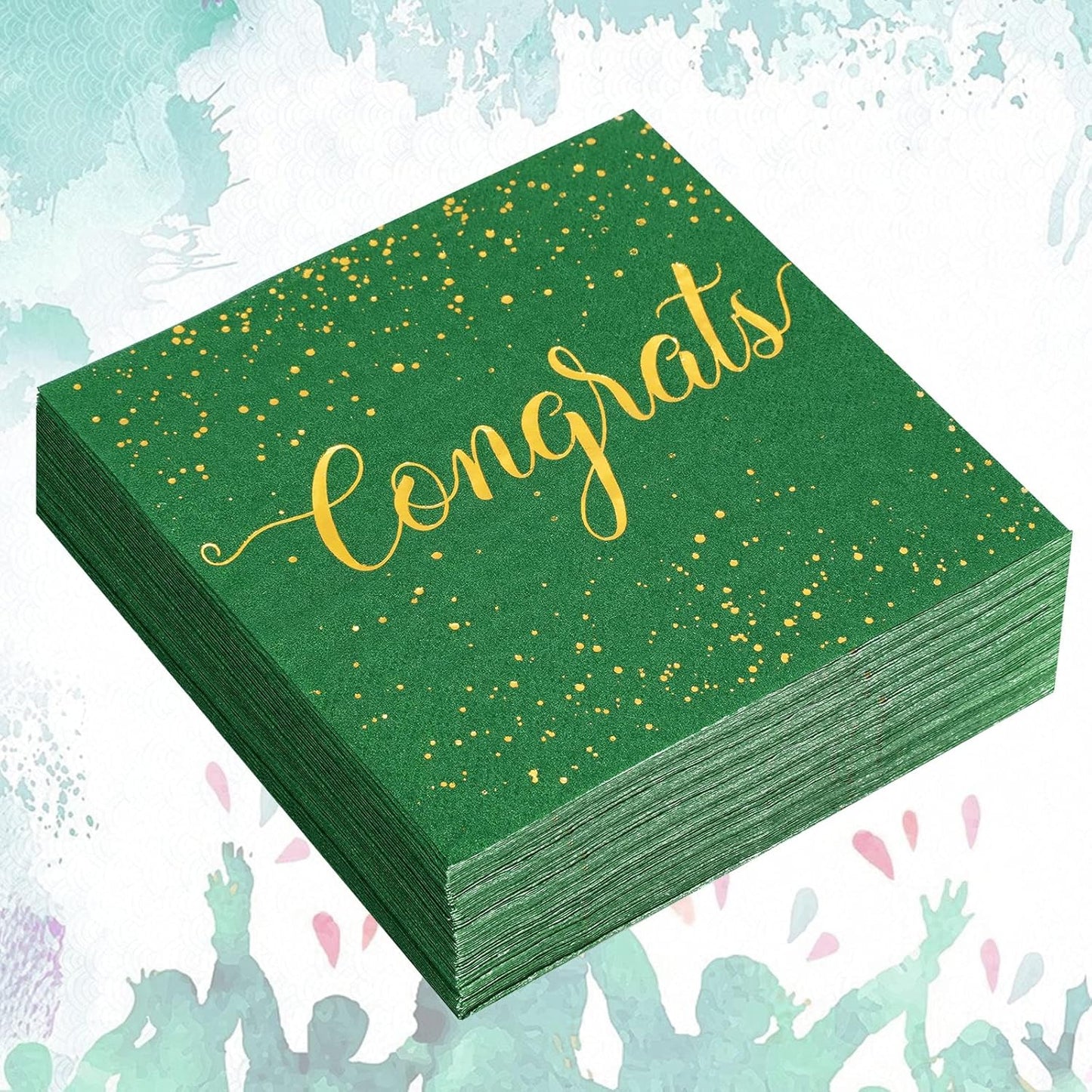 Whaline Graduation Cocktail Napkins - 80 Pack Green & Gold Foil Congrats Design | Disposable Tableware