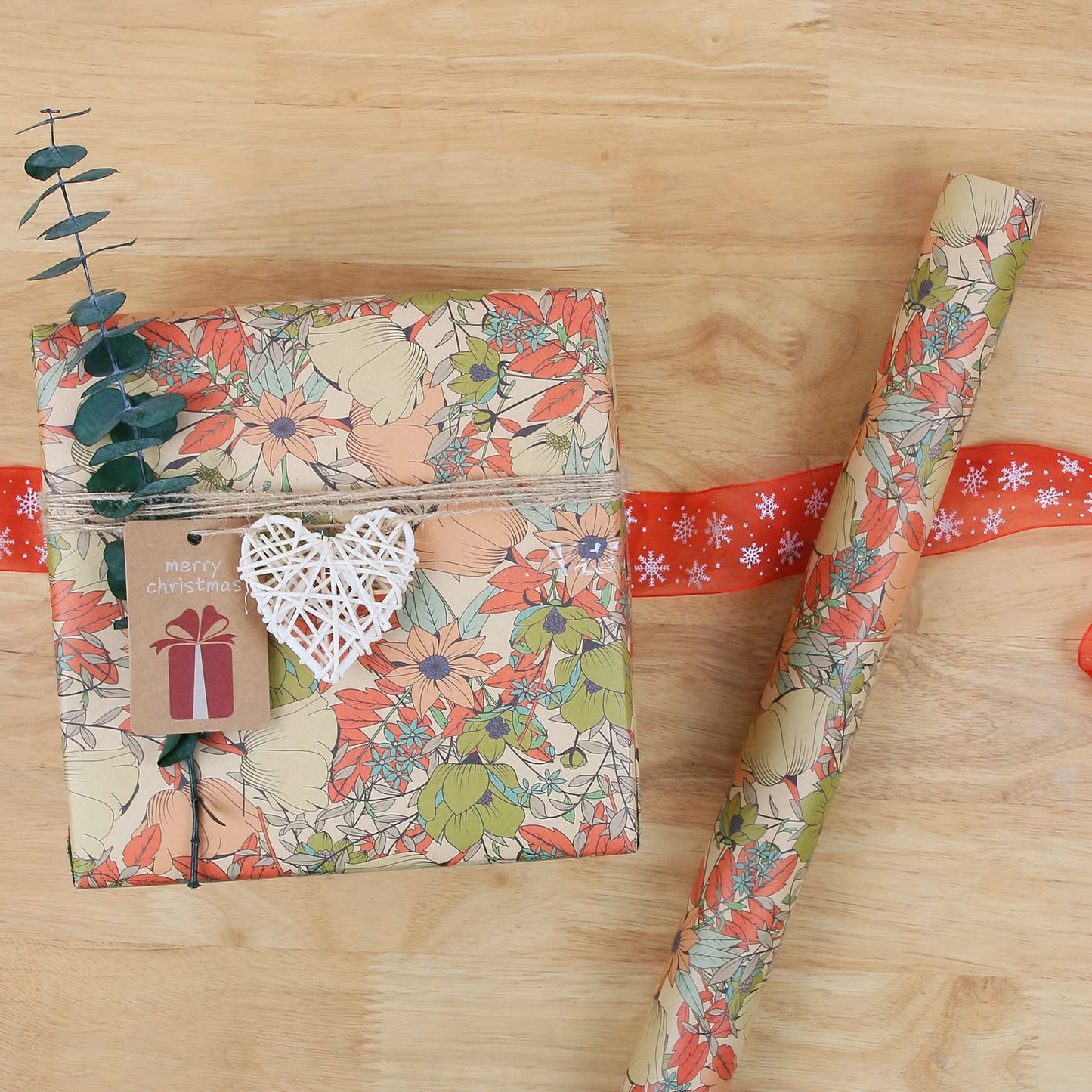 Aimyoo Kraft Floral Wrapping Paper Bundle, Vintage Spring Flowers Rose Gift Wrap Paper for Wedding Bridal Shower Birthday, 3 Rolls 17 in x 10 ft per Roll