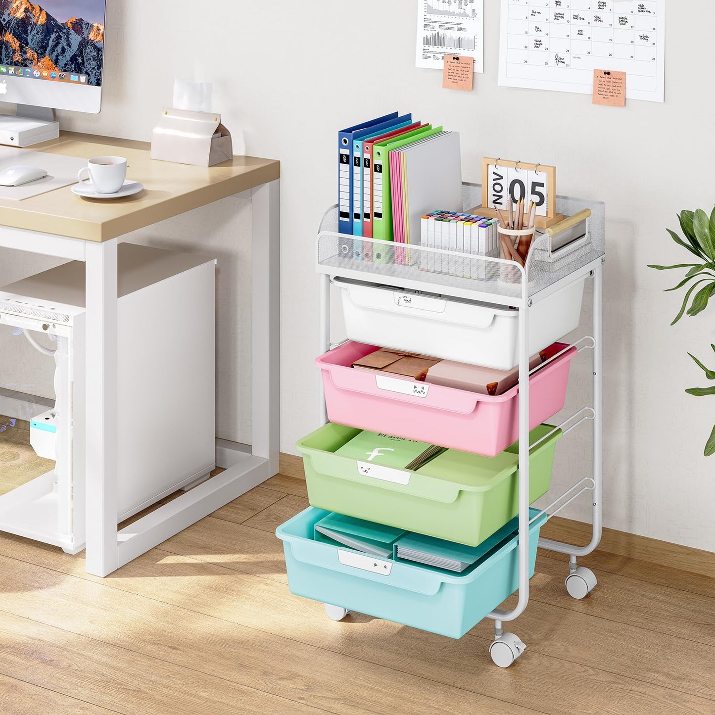 SYKIARIOL Rolling Cart with 4 Drawers,4 Tiers Rolling Utility Cart Craft Cart,Rolling Storage Drawer Cart with Mesh Top,Storage Cart with Drawers & 4 PCS DIY Lable, Classic Colorful