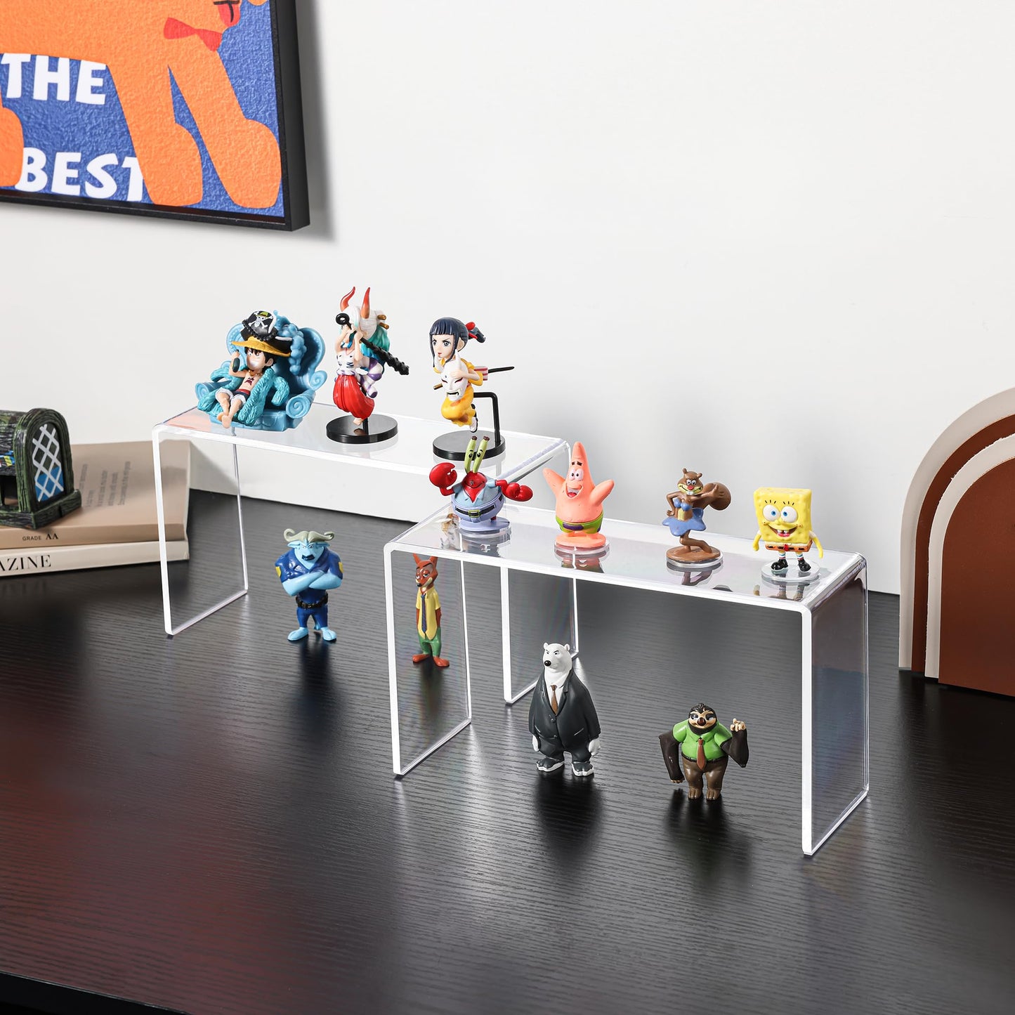 Aminigram 4 Pack Acrylic Risers Display Stands, Display Stands for Collectibles, Clear Acrylic Shelf for Show Decor Display, Toys, Cupcake (9.2 x 3 x 5 inches)