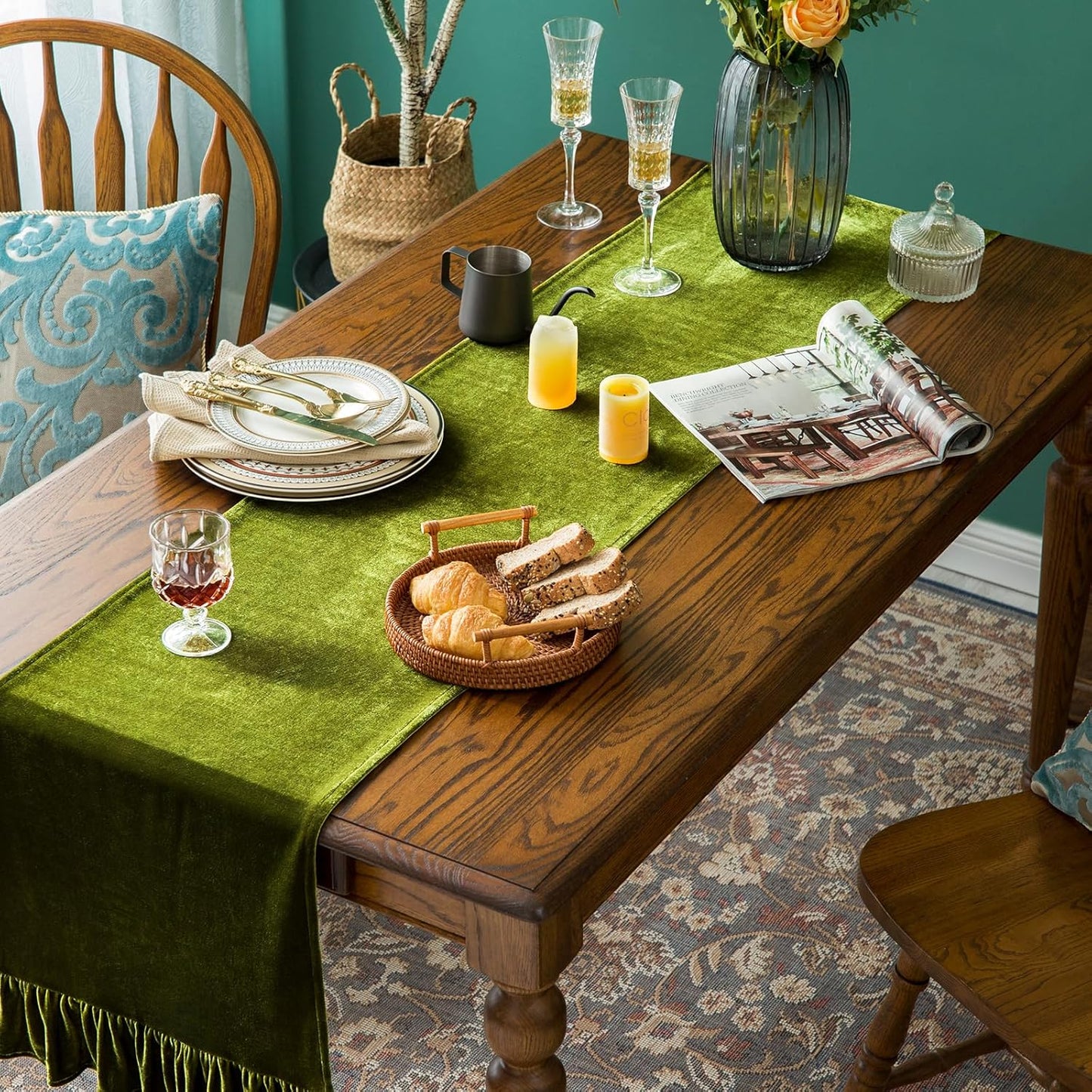 120 Inches Green,14x120 Inch Velvet Table Runner Soft Decorative Luxurious Solid Long Tablecloth with Retro Ruffle