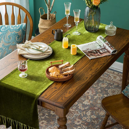 120 Inches Green,14x120 Inch Velvet Table Runner Soft Decorative Luxurious Solid Long Tablecloth with Retro Ruffle