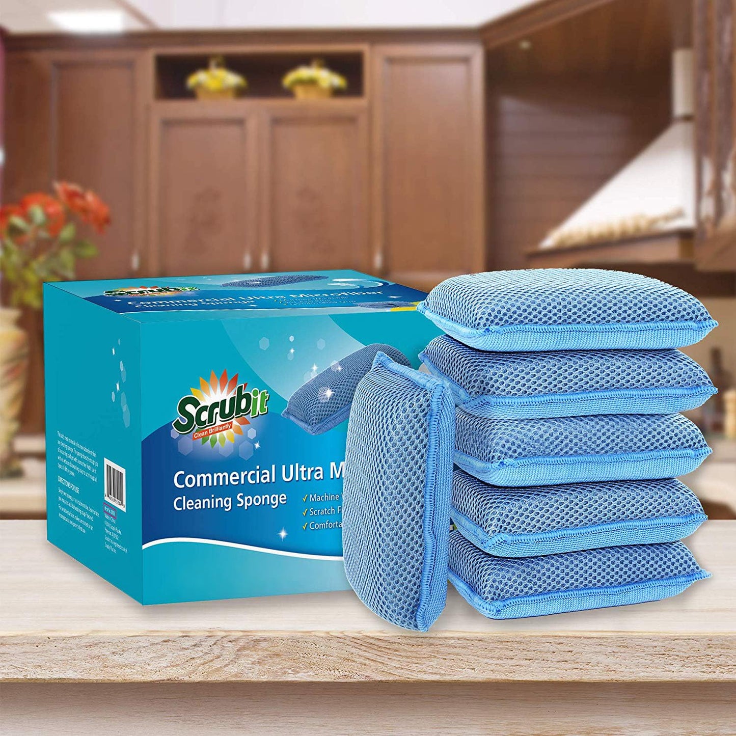Miracle Microfiber Kitchen Sponge by Scrub-It (6 Pack) - Non-Scratch Heavy Duty Dishwashing Cleaning sponges- Machine Washable - (Blue)