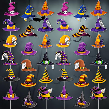 Halloween Witch Hat Garlands Halloween Party Supplies 8PCS Pre-Strung Witch Hanging Paper Garland Banners Wizard Hat Decorations for Spooky Theme Birthday Baby Shower Decor