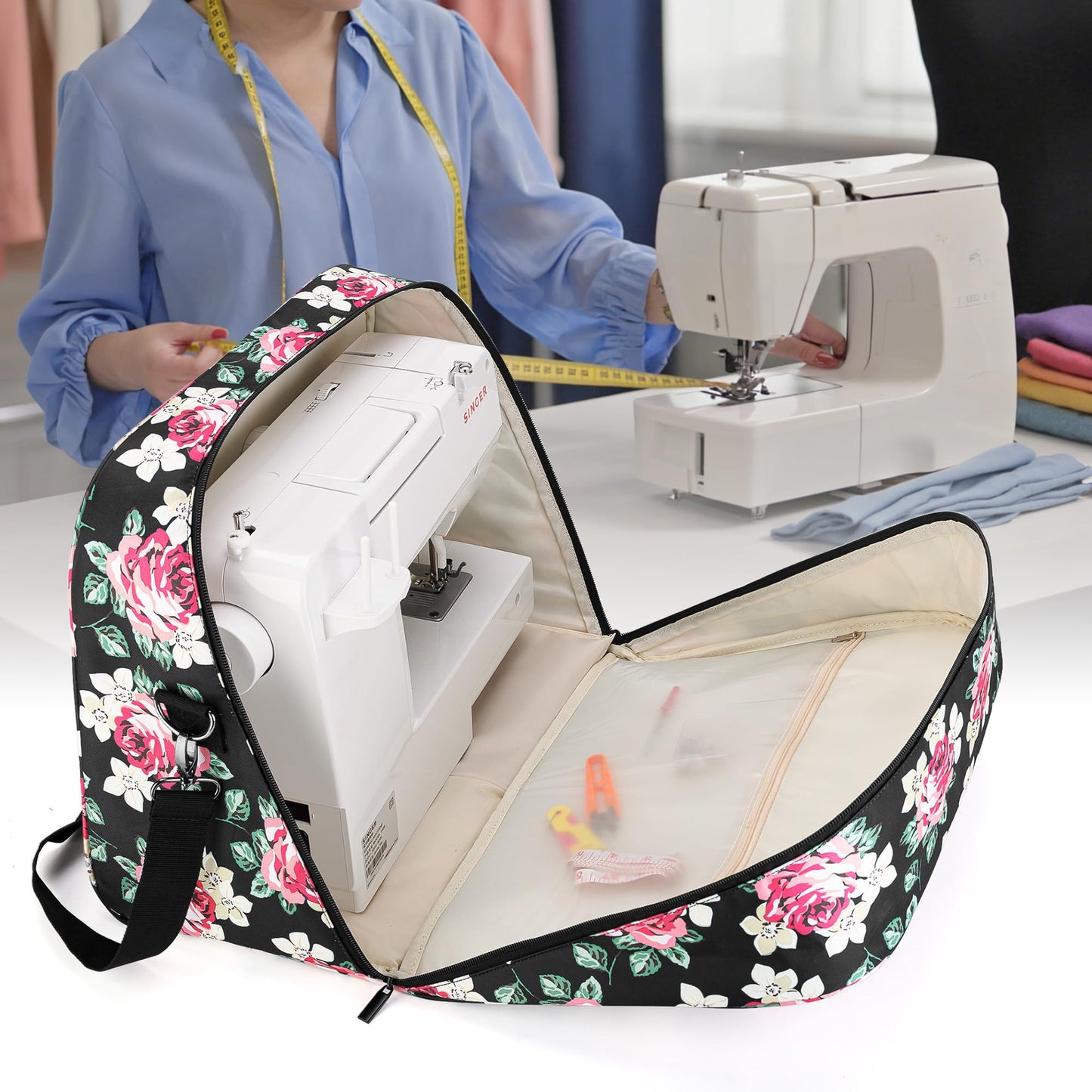 Teamoy Sewing Machine Carrying Case, Sewing Machine Tote with Bottom Wooden Board Pad for Most Standard Sewing Machines and Accessories, Peony