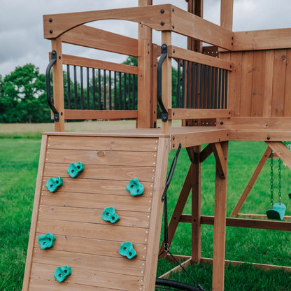 Backyard Discovery Sterling Point Cedar Wood Swing Set with Wave Slide, Raised Clubhouse, Wooden Bridge, Rock Wall, Belt Swings, Web Swing, Trapeze, Balcony, Climbing Wall, Ladder, Outdoor Playset