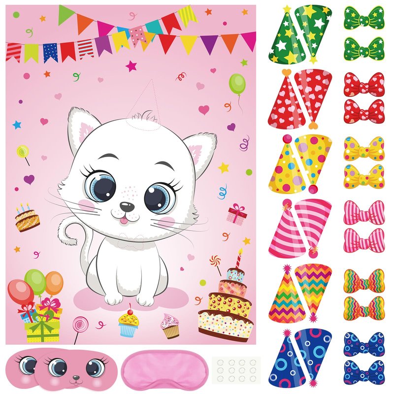 PLULON Cat Party Game for Kids Pin The Hat Bow Tie on The Cat Birthday Game Poster for Boy Girl Birthday Summer Party Favors Wall Decorations Classroom Activities