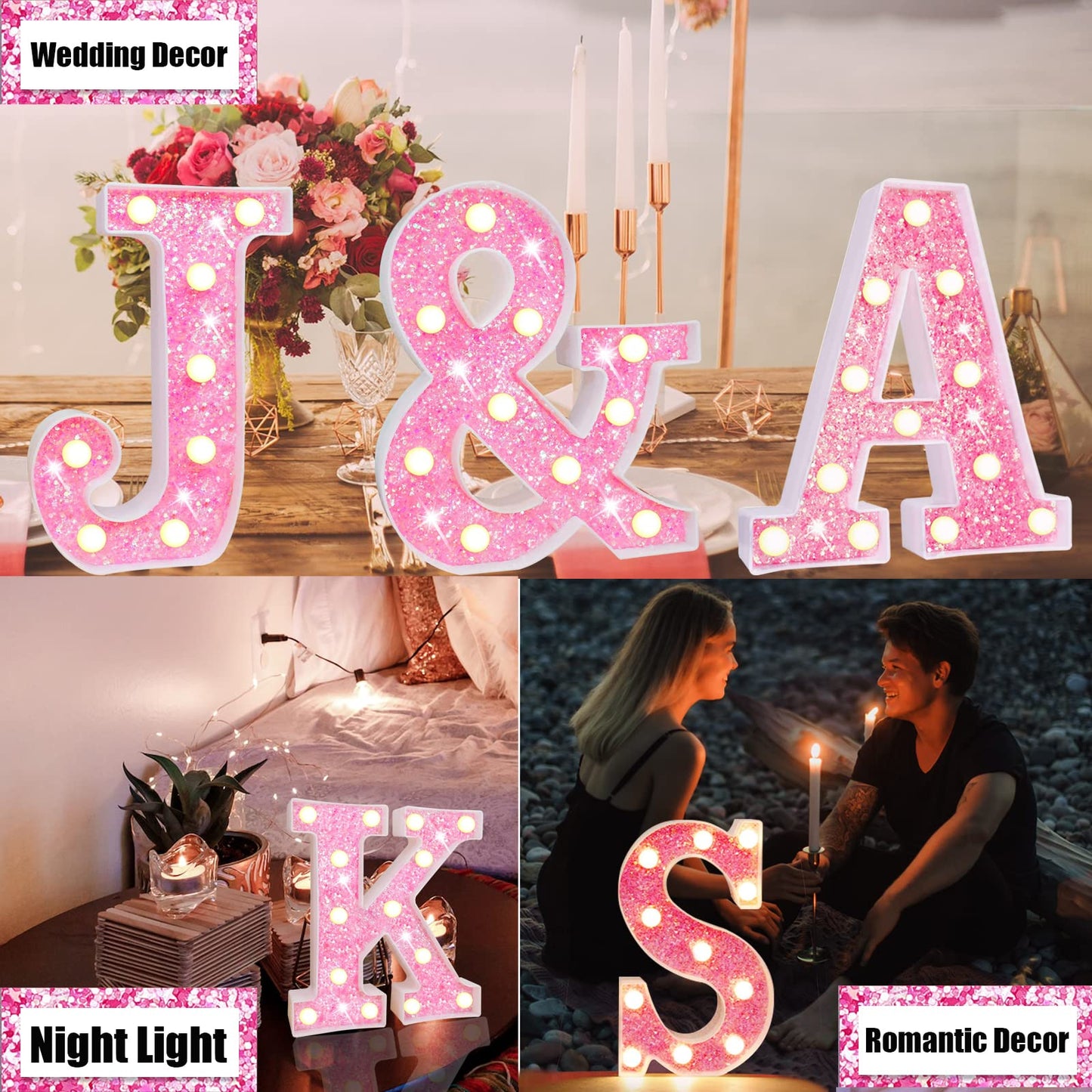 Light Up Letters, Glitter Alphabet Letter Sign Pink LED Marquee Letter Lights Battery Powered for Night Light Girls Bedroom Birthday Party Wedding Home Christmas Decorations Gift for Her-Pink C