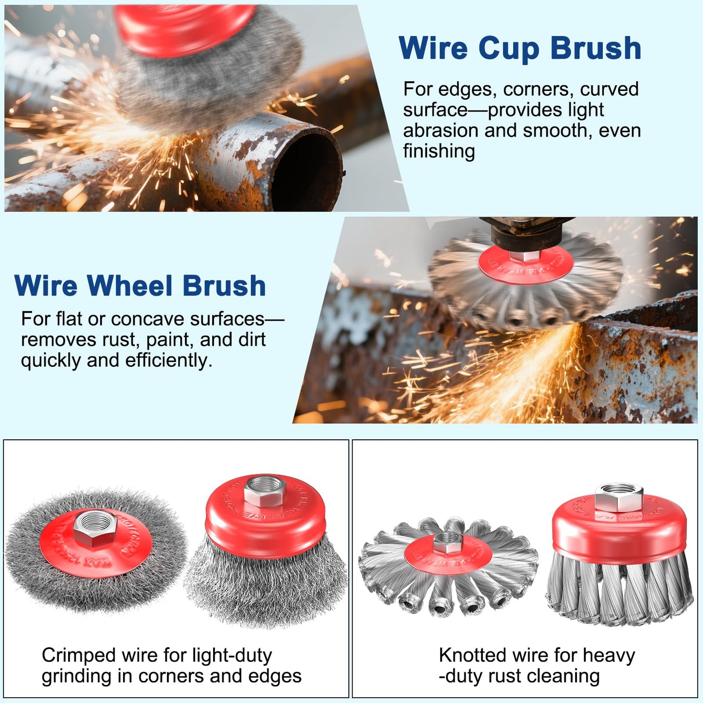 BURMONG 7 PCS Wire Wheel Brush for 4-1/2" Angle Grinder, Carbon Steel Knotted & Crimped Cup/Wheel Brushes (3" & 4"), Heavy Duty Rust, Paint, Corrosion Removal, 5/8"-11 UNC Threaded Arbor
