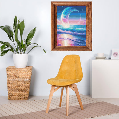 Huacan Diamond Art Kits for Adults AB Diamond Painting Kit 5D Moon Beach Picture DIY Round Drill Gem Art Kit for Beginner Crystal Aurora Diamond Handicraft Gift Home Decor 11.81 * 15.74 inch