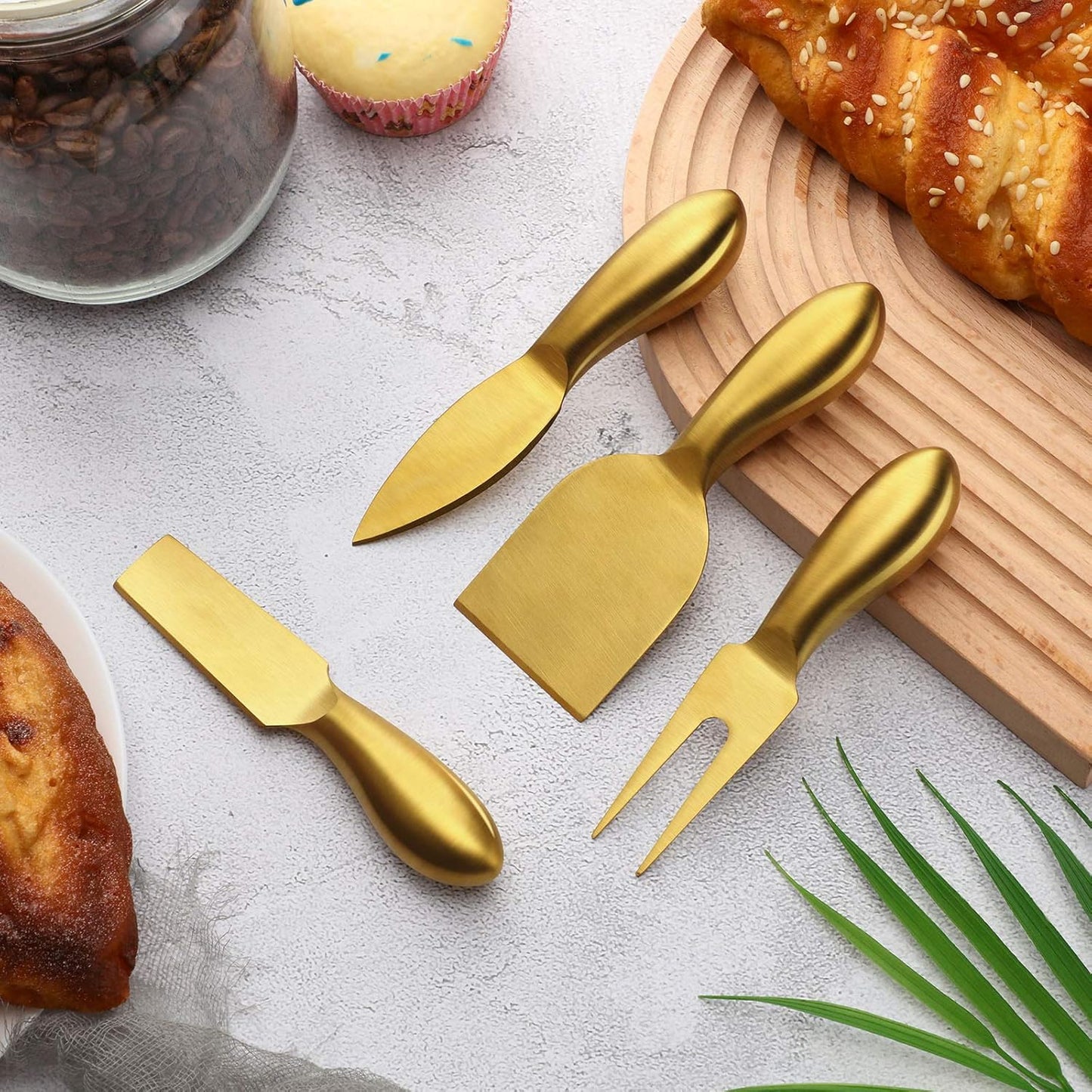 Patelai 4 Pieces Cheese Knives Set, Stainless Steel Tools with Cheese Slicer and Cutters (Gold)