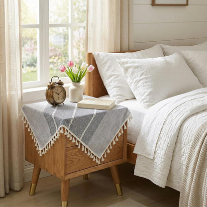 24 24 Inch, Small Square Tablecloth x Cotton Linen Boho Gray Nightstand Cover with Tassels, Rustic Farmhouse Grey End