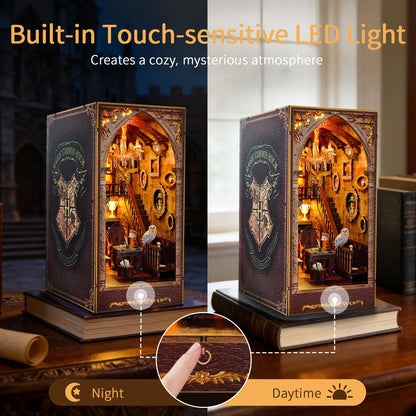 BELEEV Book Nook Kit - DIY Miniature Wooden Booknook with LED Lights, Dust Cover 3D Puzzle Bookend Bookshelf Decor Gift for Adults Teens - Magic Academy