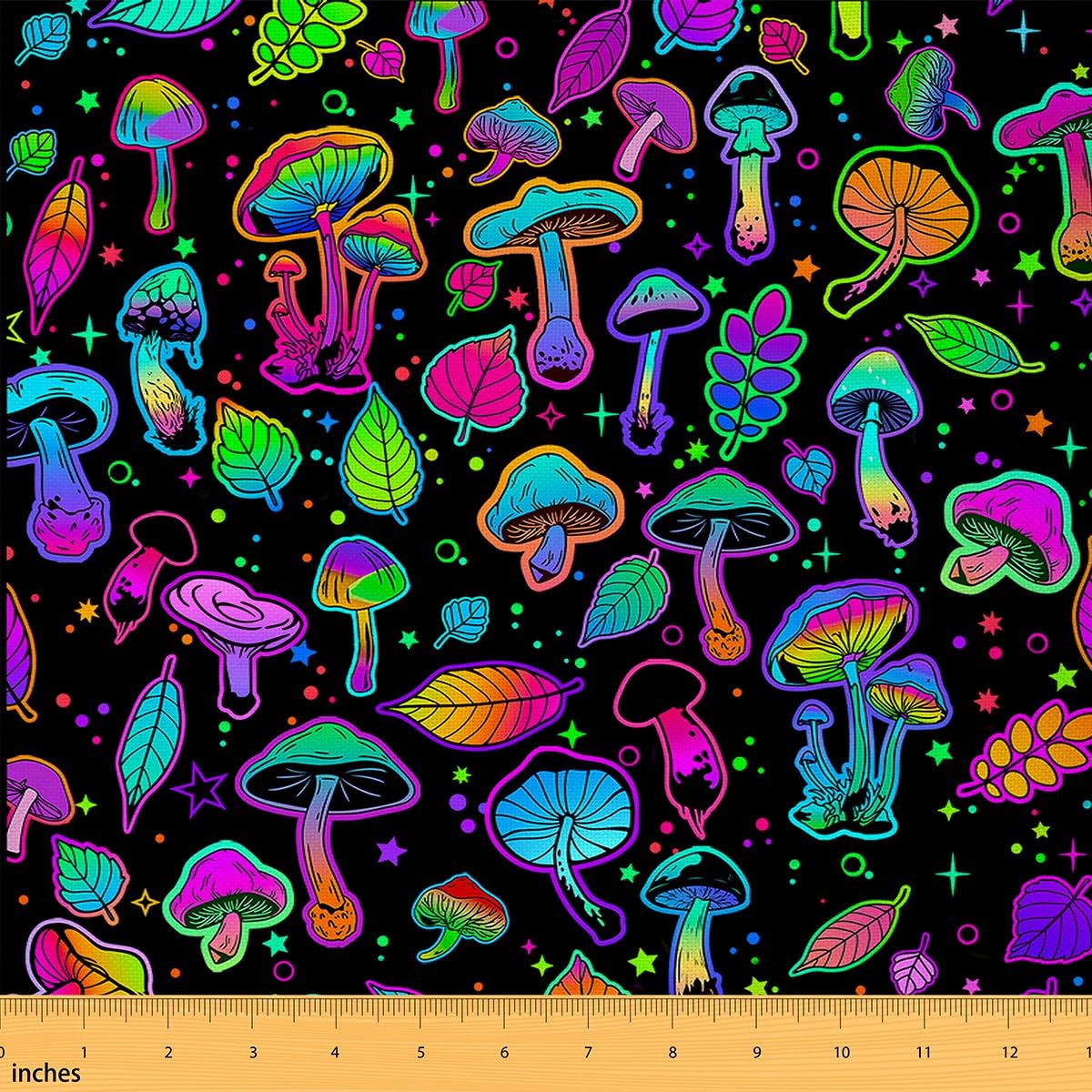 Colorful Mushroom Fabric by The Yard Cartoon Cute Neon Light Gradient Plants for Kids Sewing Supplies Hippie Botanical Leaves Stars Graffiti DIY Soft Flannel Polyester No Stretch 1 Yard