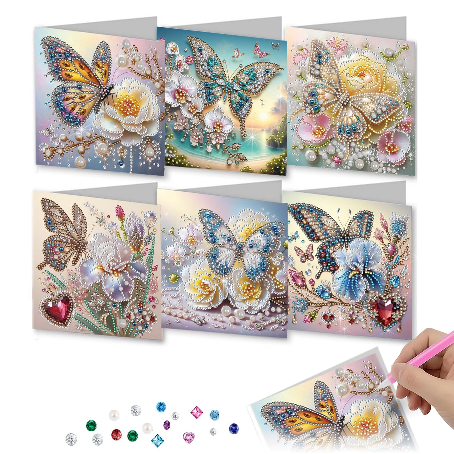Xylzzuit 6Pcs Diamond Art Painting Greeting Card with Envelopes Holiday Folding Thank You Cards Gem by Numbers Craft Blessing Gift for Family Friend Birthday (Butterfly03)