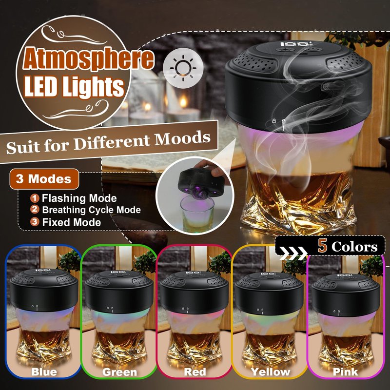 Electric Whiskey Smoker Kit With Light Modes, No Butane Needed, Rechargeable Cocktail Smoker Kit with LED Display & 6 Wood Chips, Old Fashioned Smoker Kit Bourbon Gifts for Men Dad Him
