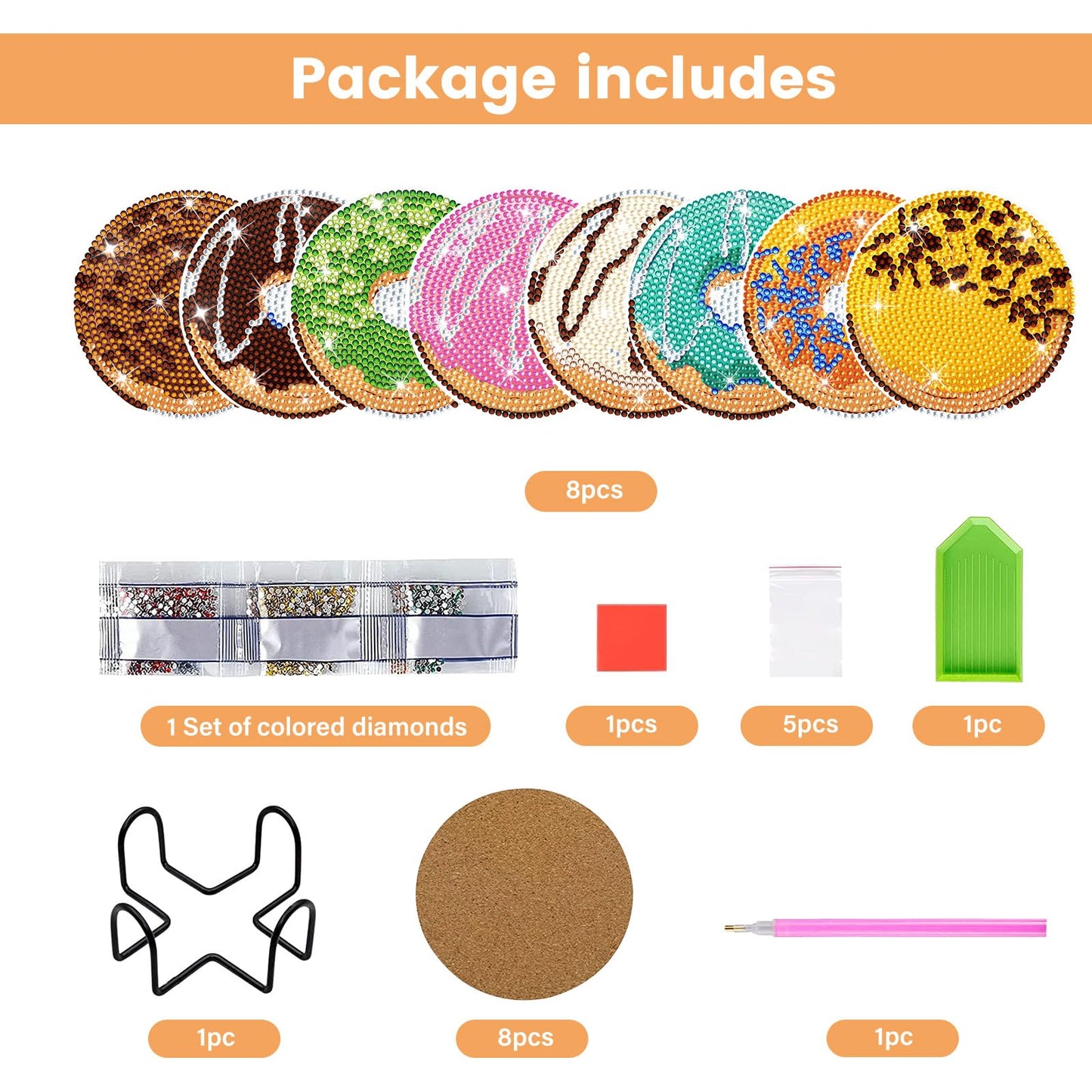 FILASLFT Diamond Painting Coasters Kit,DIY Diamond Painting Coasters Kit,8 Pcs Doughnuts Diamond Art Coasters with Holder Diamond Arts Crafts for Gifts.