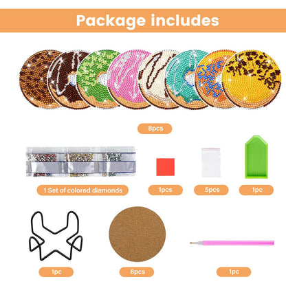 FILASLFT Diamond Painting Coasters Kit,DIY Diamond Painting Coasters Kit,8 Pcs Doughnuts Diamond Art Coasters with Holder Diamond Arts Crafts for Gifts.