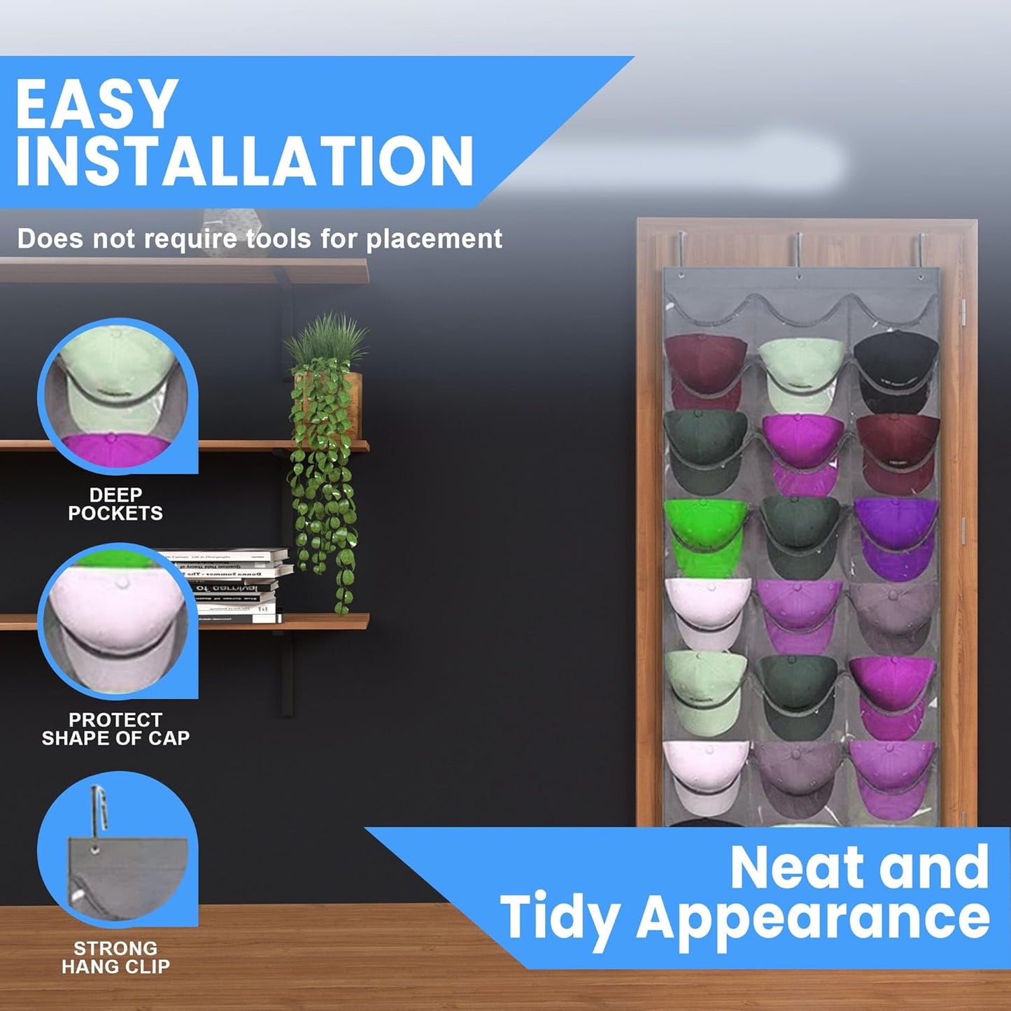 Premium Hat Rack Organizer for Wall or Door, 24 Clear Deep Pockets for Caps, Hooks Included