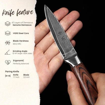 Wakoli EDIB Damascus Paring Knife – 3.2-Inch Small Kitchen Knife | Genuine 67-Layer Damascus Steel Blade with VG10 Core | Ergonomic Pakkawood Handle | Precision Cooking Knife in Gift Box